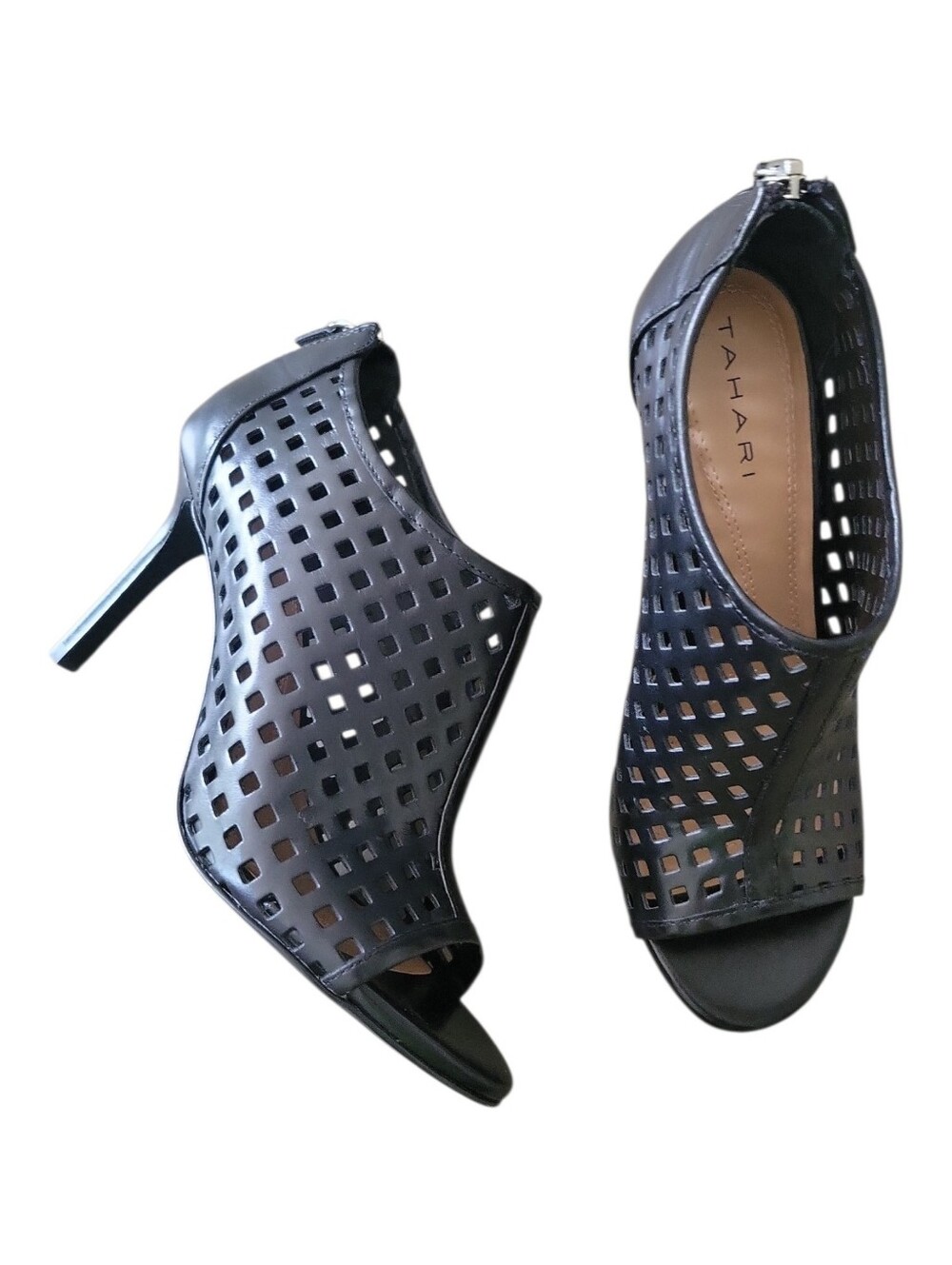 Tahari Chris Laser Cut Black Leather Stiletto Booties Peep Toe Zip Back 6.5
